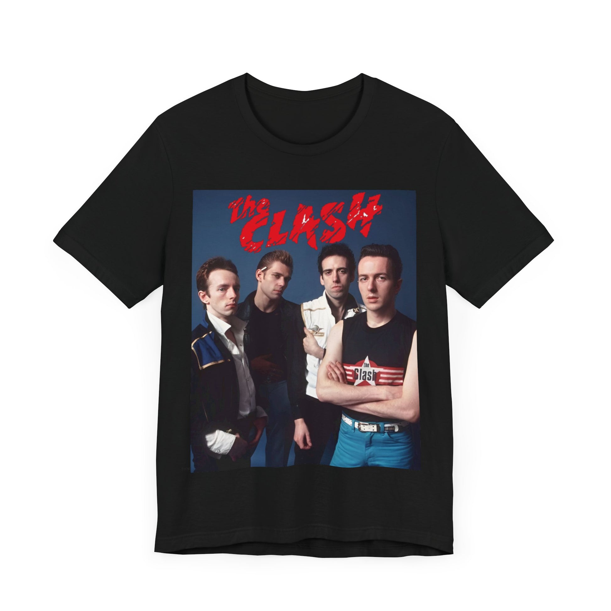 A black graphic t-shirt featuring a vintage graphic related to The Clash's 'Combat Rock' album era.