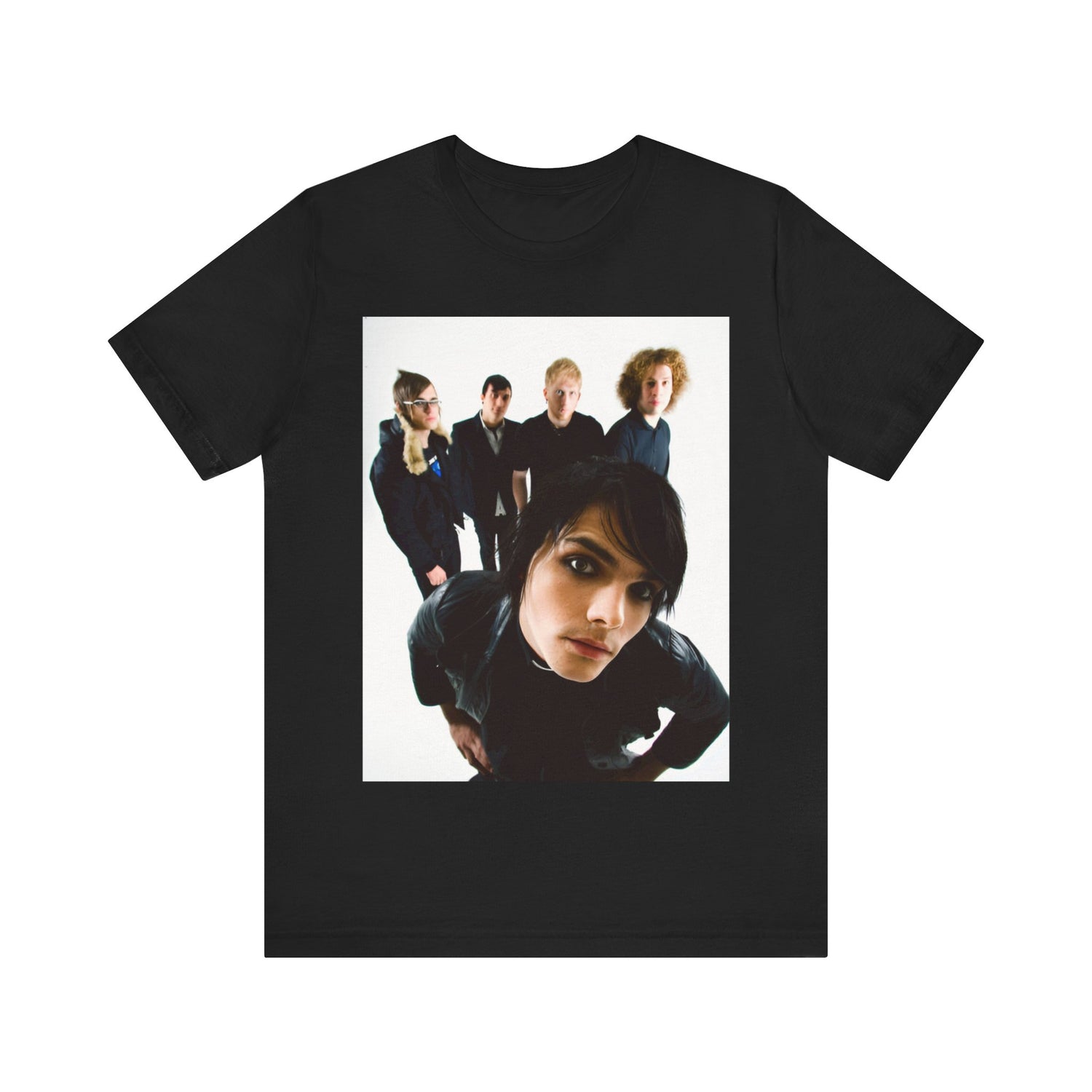 A black graphic t-shirt featuring a vintage emo revival graphic for My Chemical Romance.