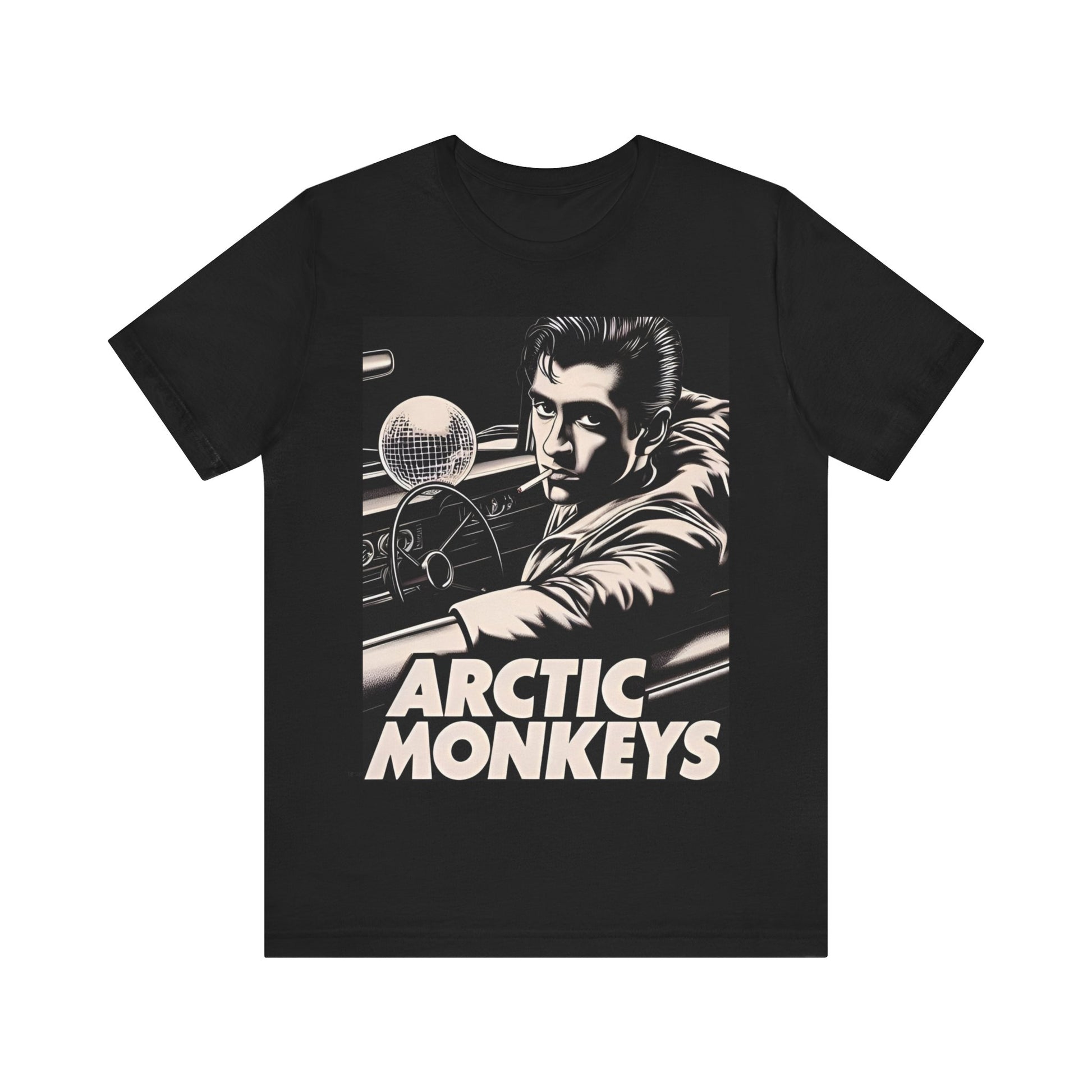 A black graphic t-shirt featuring a graphic of Arctic Monkeys from the 2000s, evoking an indie rock aesthetic.