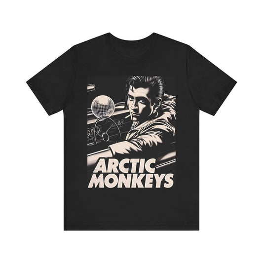A black graphic t-shirt featuring a graphic of Arctic Monkeys from the 2000s, evoking an indie rock aesthetic.