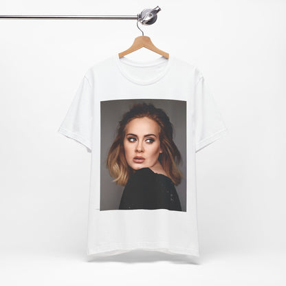 A black graphic t-shirt featuring a studio portrait of Adele from her '25' album era, showing a thoughtful or serene expression.