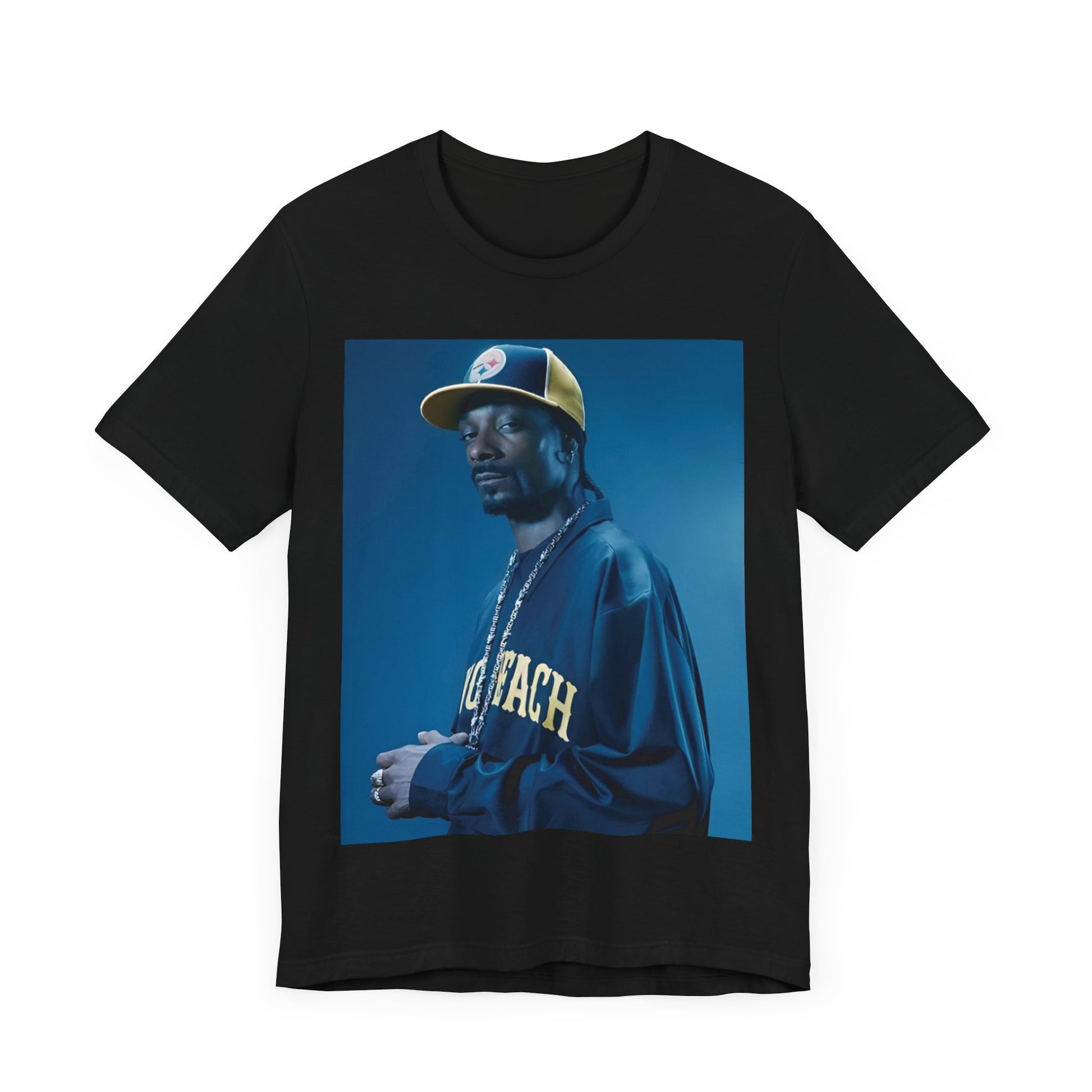 A black graphic t-shirt featuring an authentic West Coast graphic of Snoop Dogg.
