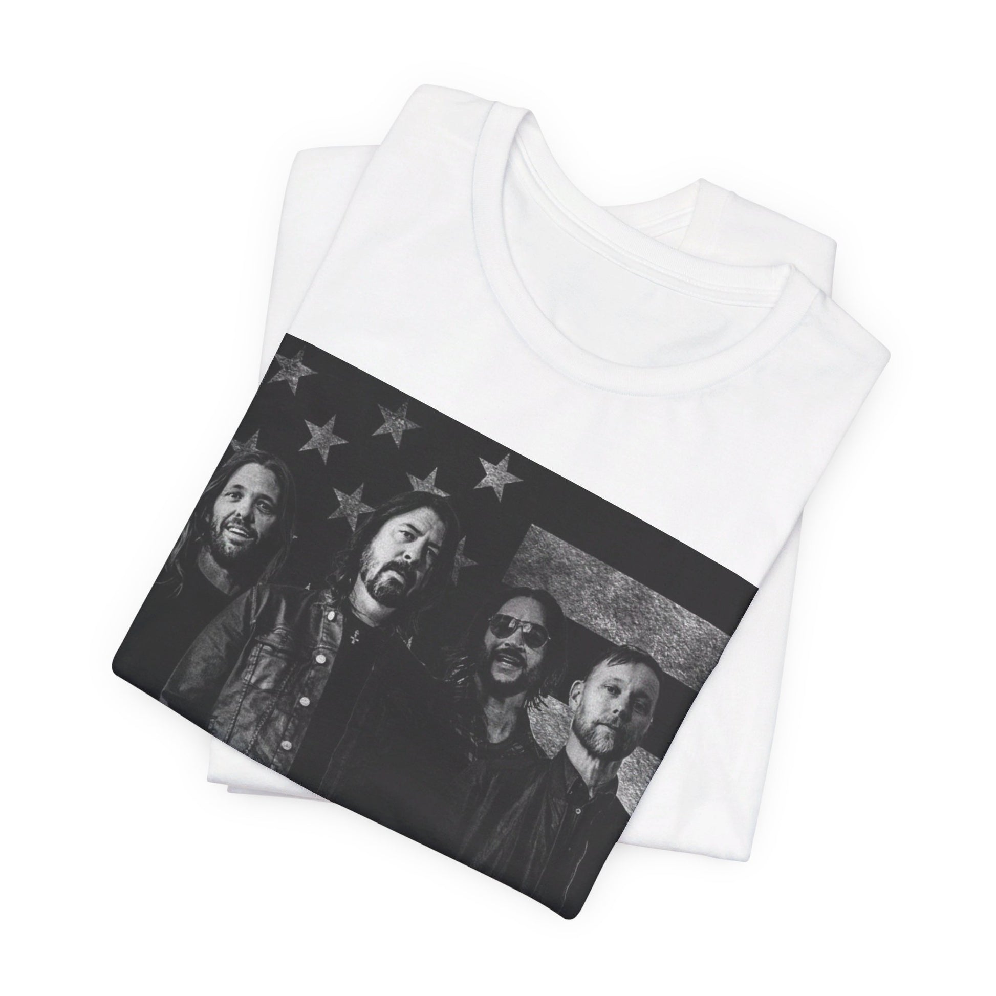 A black graphic t-shirt featuring a graphic of Foo Fighters integrated with elements of the American flag.