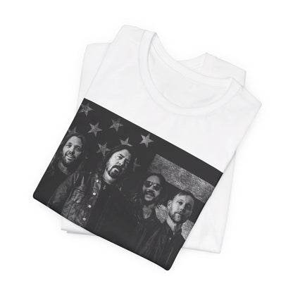 A black graphic t-shirt featuring a graphic of Foo Fighters integrated with elements of the American flag.