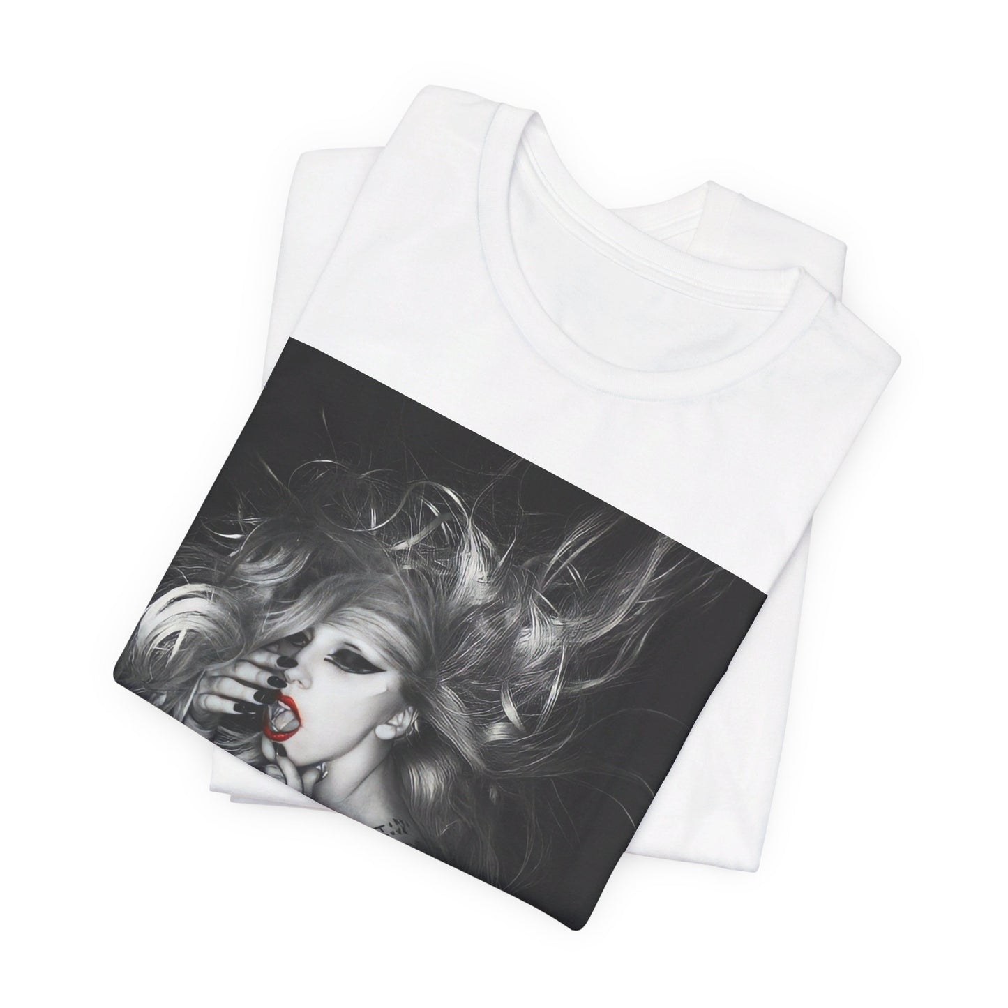 A black graphic t-shirt featuring an iconic graphic related to Lady Gaga's 'Bad Romance' era.
