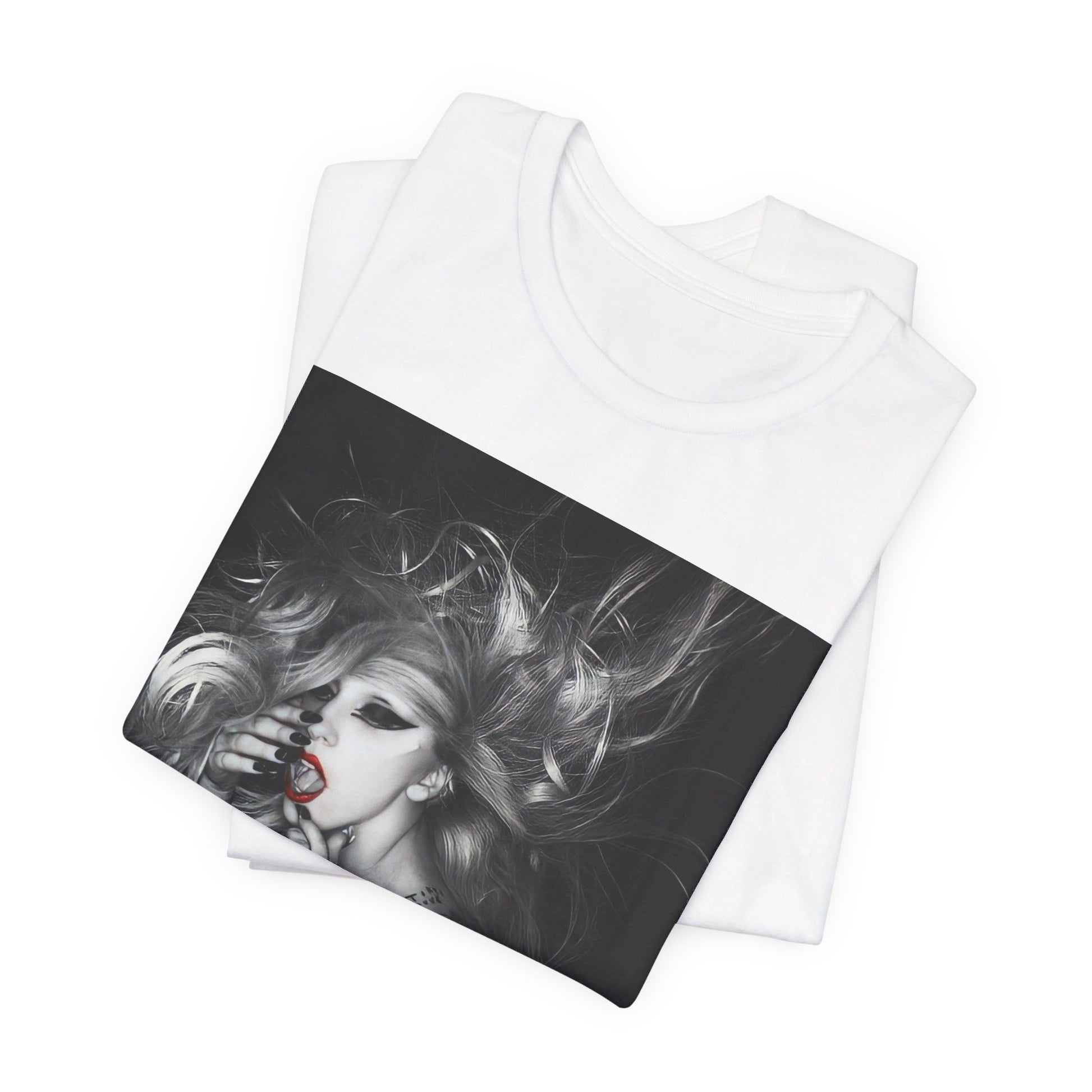 A black graphic t-shirt featuring an iconic graphic related to Lady Gaga's 'Bad Romance' era.
