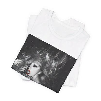 A black graphic t-shirt featuring an iconic graphic related to Lady Gaga's 'Bad Romance' era.