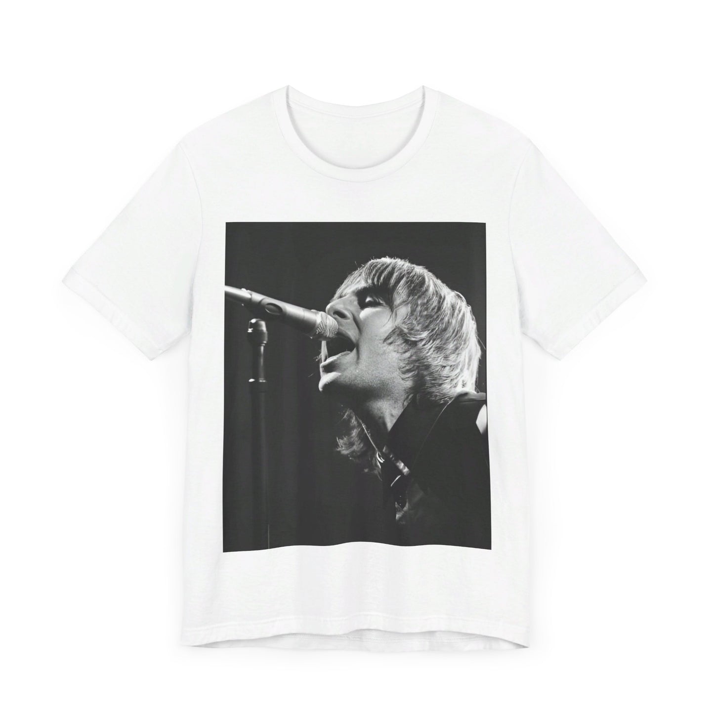 A black graphic t-shirt featuring a black and white graphic or photo of Liam Gallagher from Oasis performing live on stage.