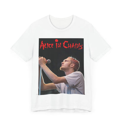 A black graphic t-shirt featuring the Alice In Chains logo in red, in a 90s grunge style.