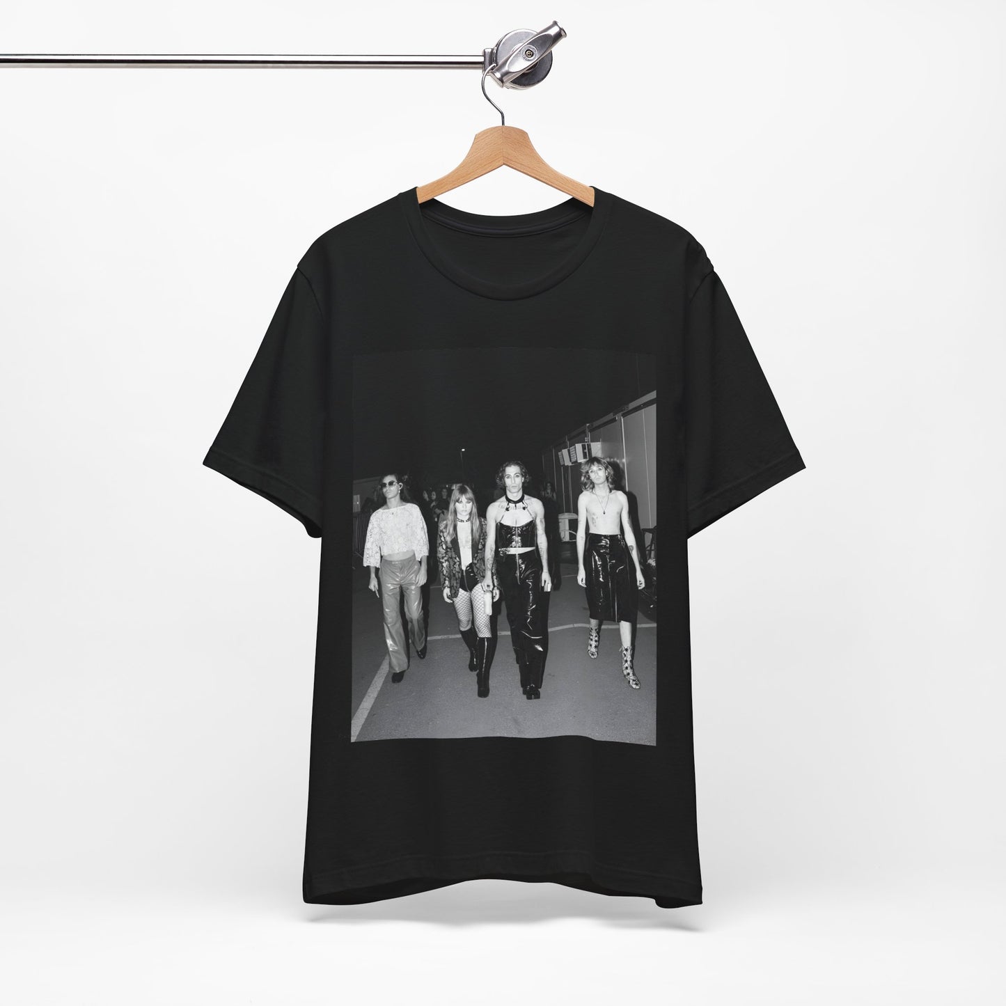 A black graphic t-shirt featuring a black and white, monochrome graphic or photo of Maneskin.