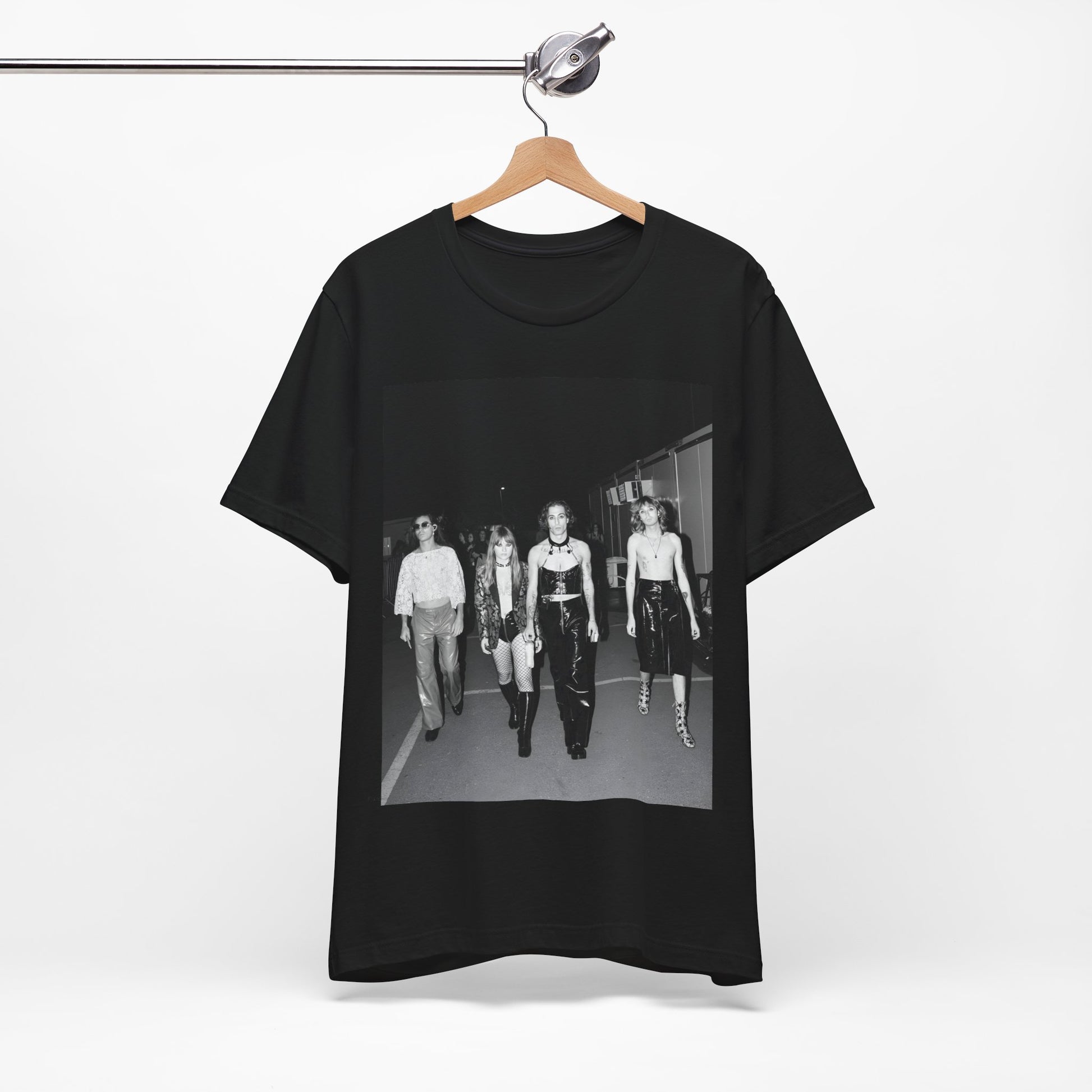 A black graphic t-shirt featuring a black and white, monochrome graphic or photo of Maneskin.