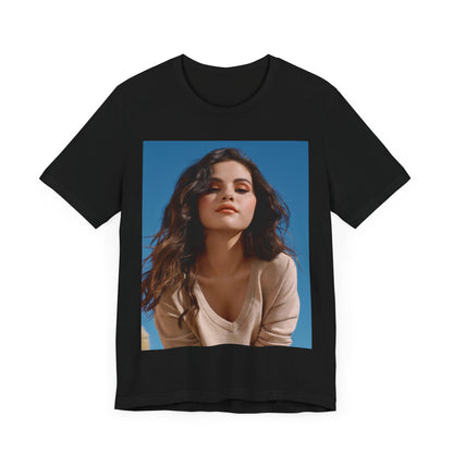 A black graphic t-shirt featuring a vintage pop icon graphic of Selena Gomez.