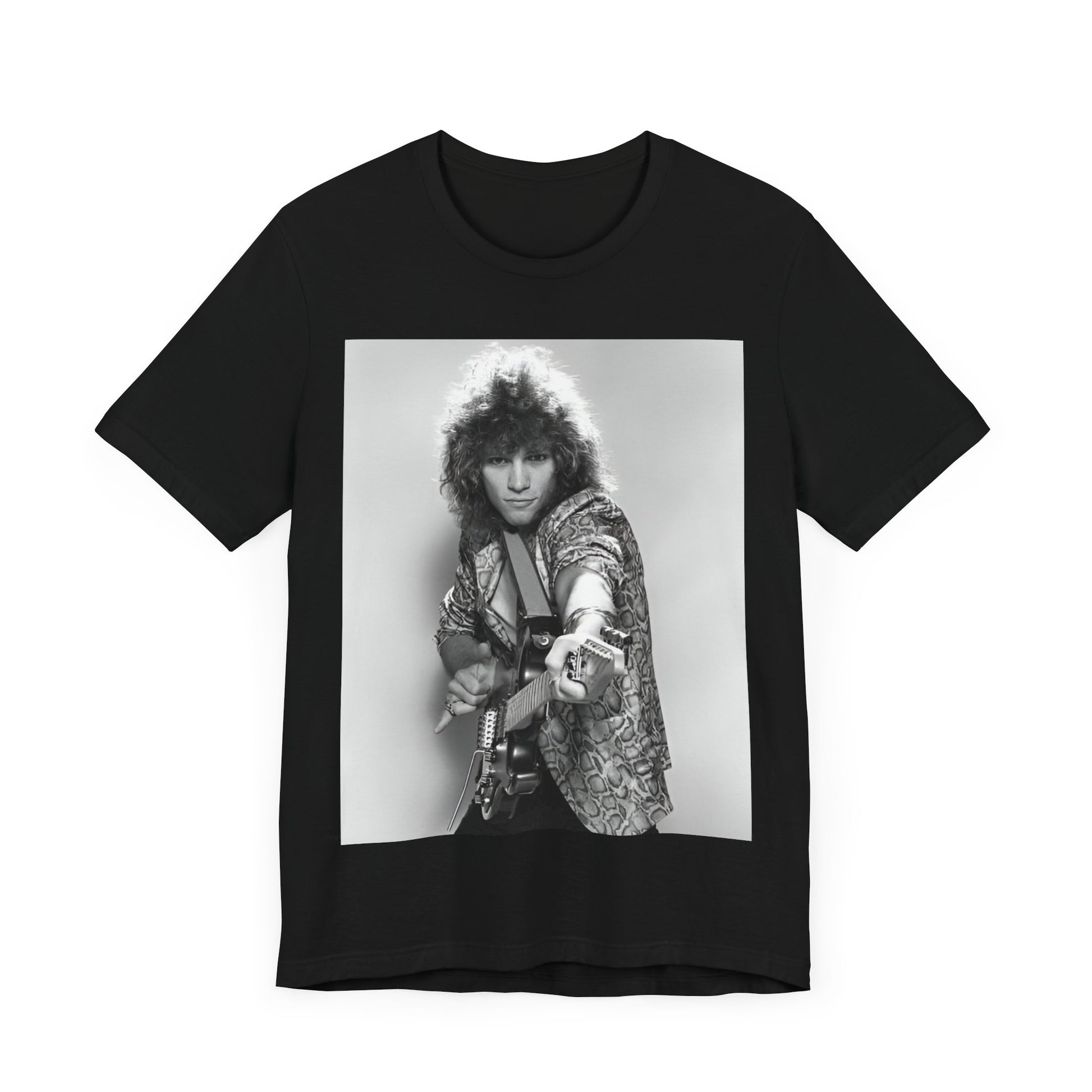 A black graphic t-shirt featuring a vintage 80s rock graphic of Bon Jovi.
