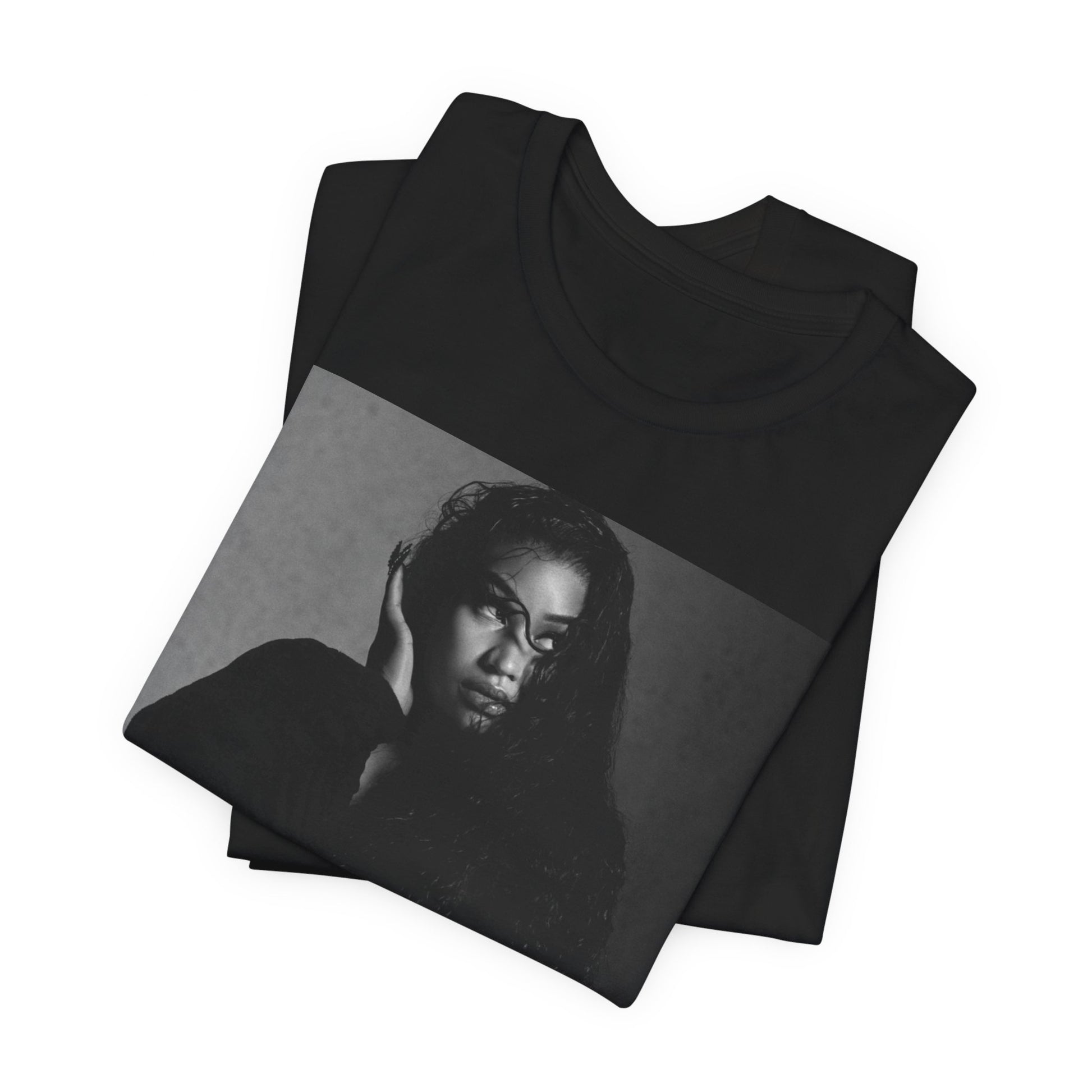 A black graphic t-shirt featuring a black and white graphic or photo of Nicki Minaj as a glamour queen.