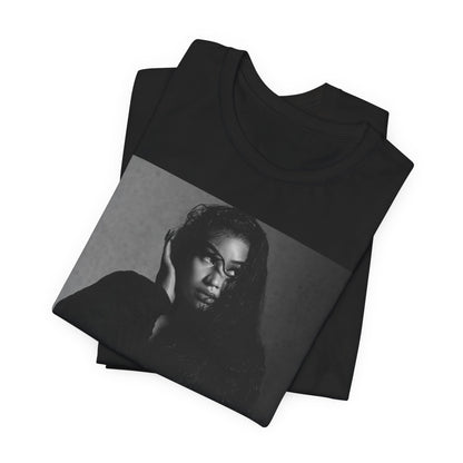 A black graphic t-shirt featuring a black and white graphic or photo of Nicki Minaj as a glamour queen.