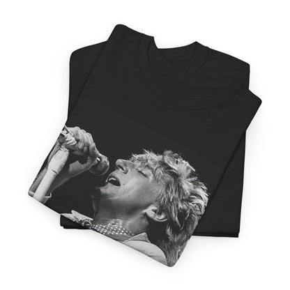 A black graphic t-shirt featuring an 80s black and white monochrome graphic or photo of Rod Stewart.