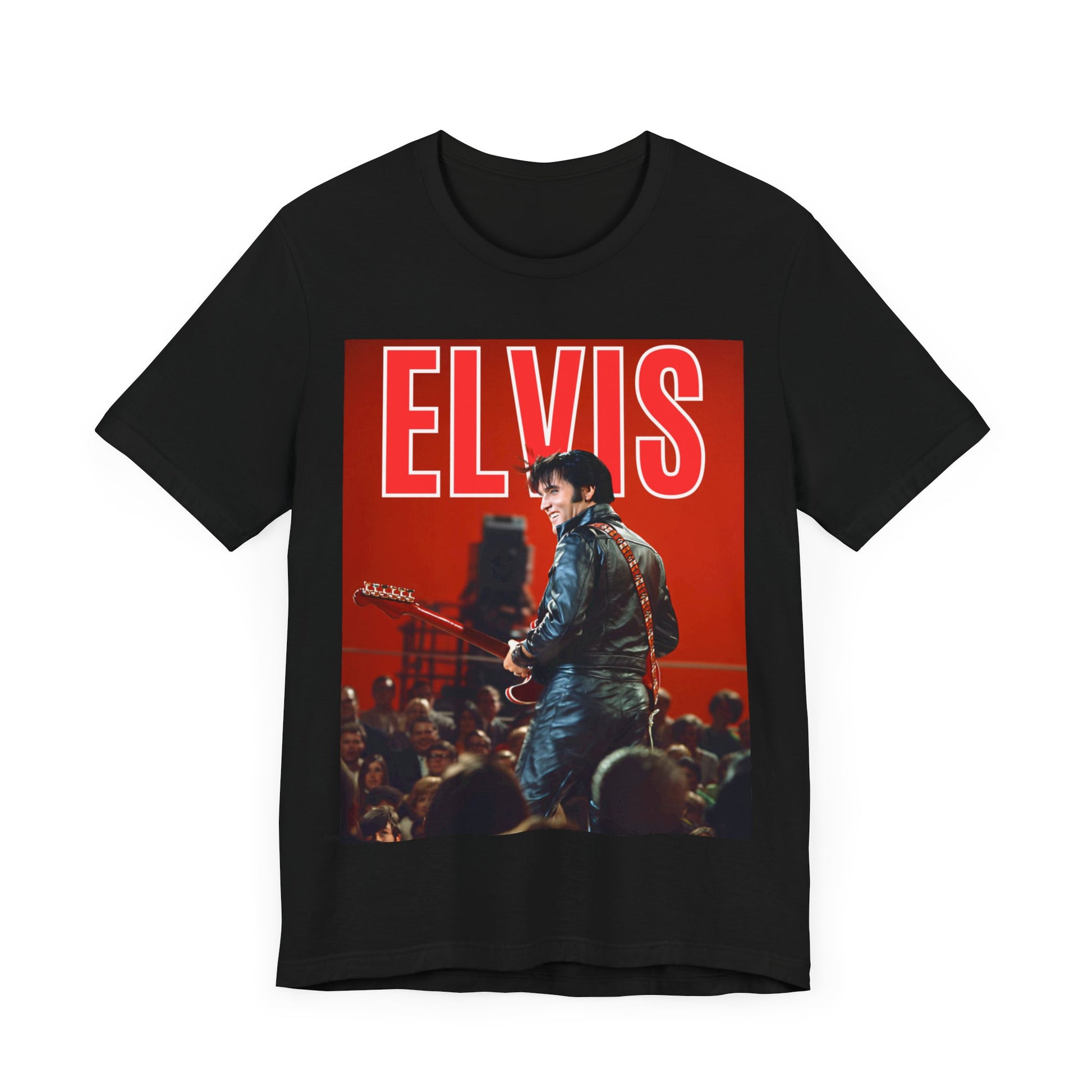A black graphic t-shirt featuring a vintage graphic of Elvis Presley as the King of Rock 'n' Roll.