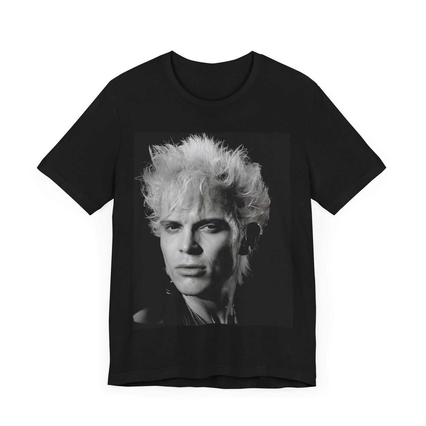 A black graphic t-shirt featuring a bold 80s black and white monochrome graphic of Billy Idol.