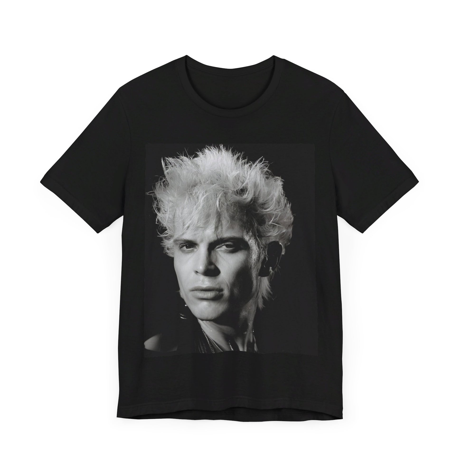 A black graphic t-shirt featuring a bold 80s black and white monochrome graphic of Billy Idol.