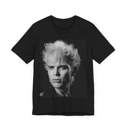 A black graphic t-shirt featuring a bold 80s black and white monochrome graphic of Billy Idol.