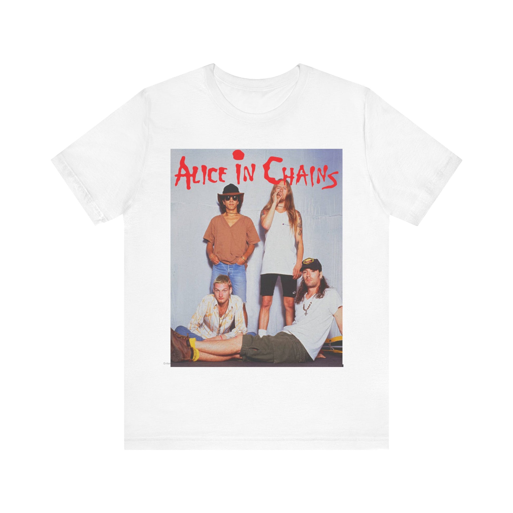 A black graphic t-shirt featuring a band graphic of Alice In Chains from 1990, capturing their early grunge aesthetic.