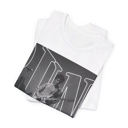 A black graphic t-shirt featuring a black and white photo of Bruno Mars performing live on stage.