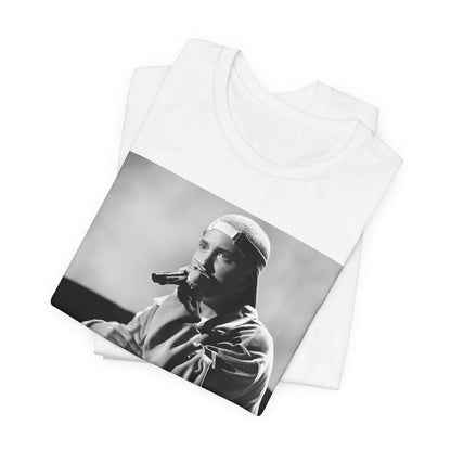 A black graphic t-shirt featuring a black and white graphic of Eminem as a 'Rap Messiah'.