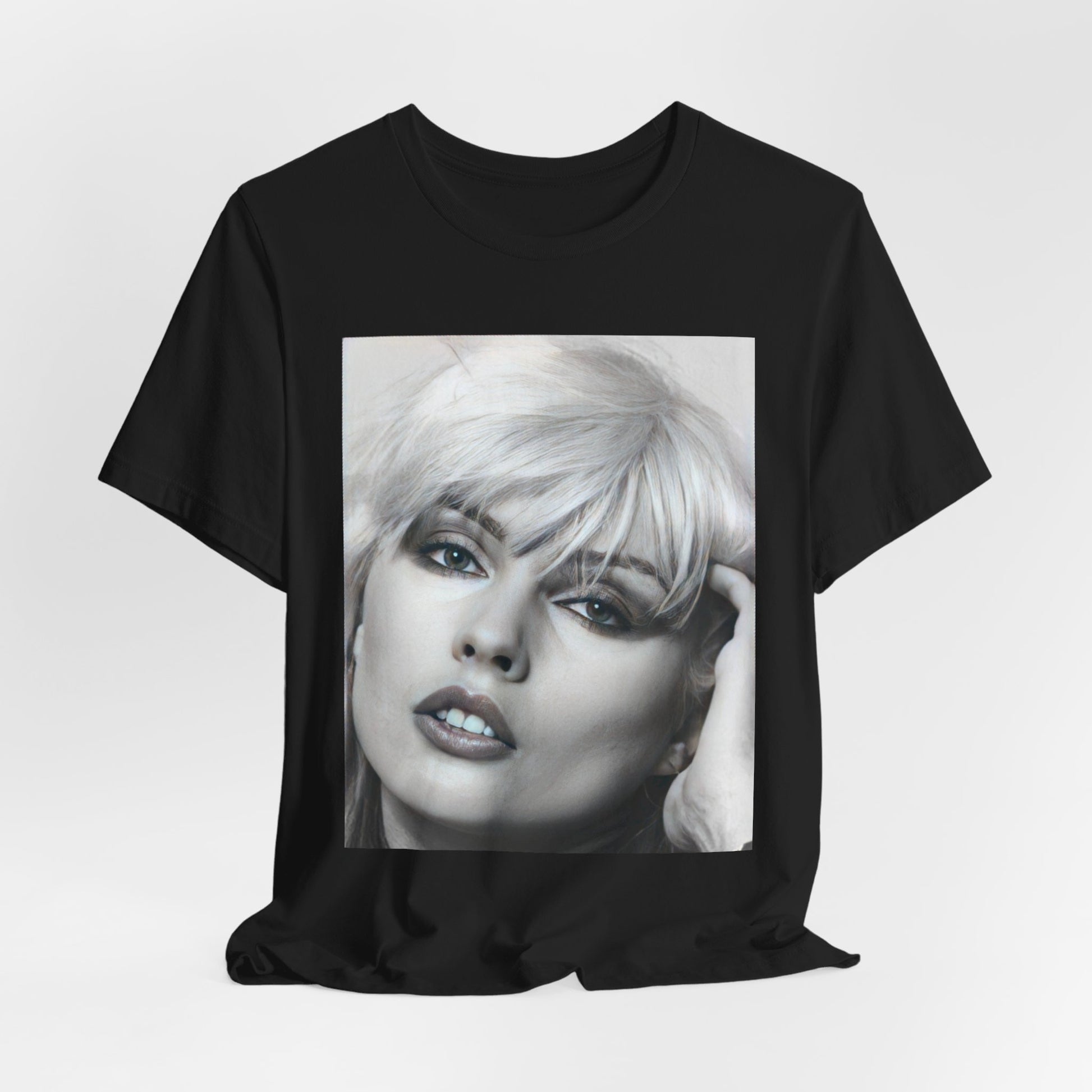 A black graphic t-shirt featuring an iconic black and white portrait photo of Debbie Harry from Blondie.