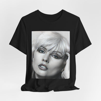 A black graphic t-shirt featuring an iconic black and white portrait photo of Debbie Harry from Blondie.