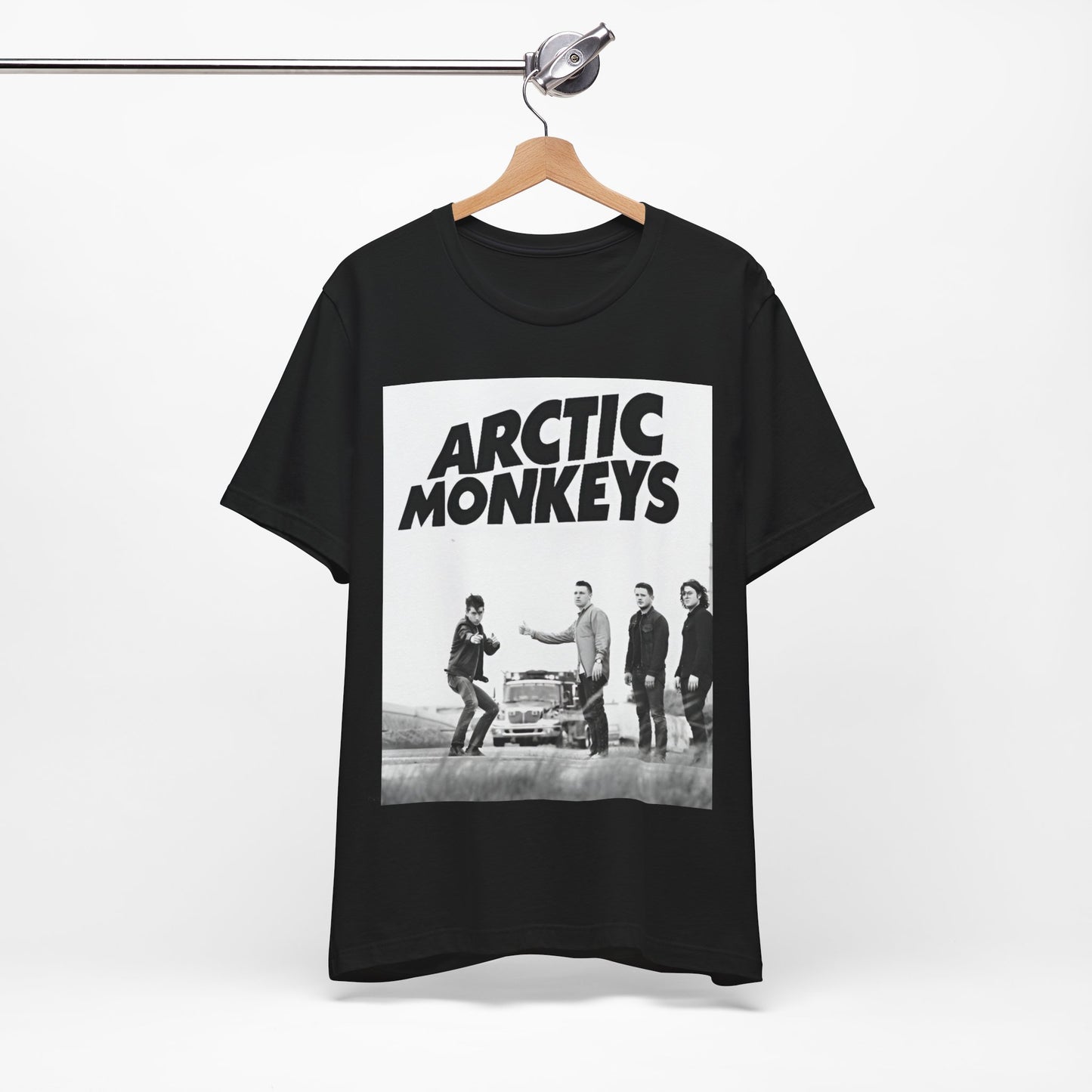A black graphic t-shirt featuring the Arctic Monkeys logo in black and white.