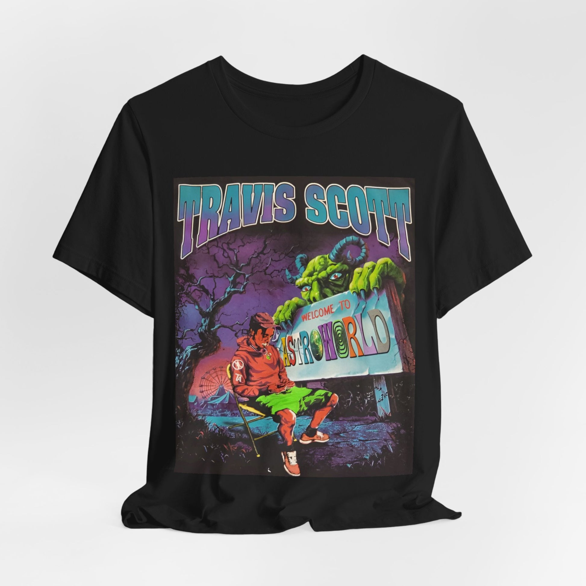 A black graphic t-shirt featuring a vintage graphic related to Travis Scott's Astroworld album.