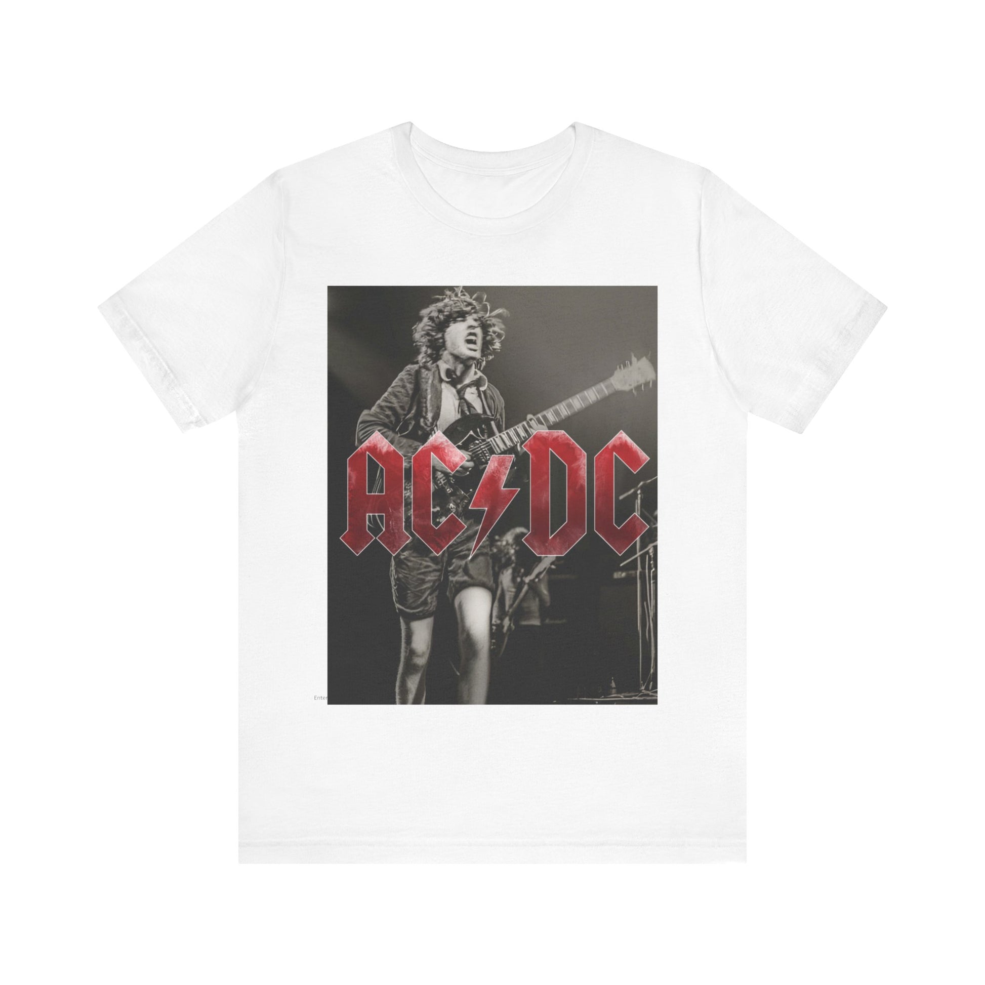 A black graphic t-shirt featuring the AC/DC logo with a dynamic image of Angus Young playing guitar, evoking the phrase 'Feel the Thunder'.