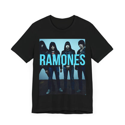 A black graphic t-shirt featuring the album cover art for Ramones' self-titled debut album.