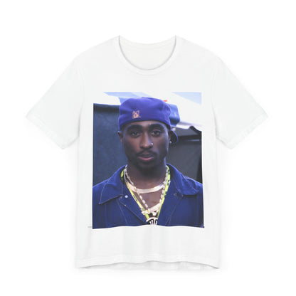 A black graphic t-shirt featuring a graphic related to Tupac's 'California Love' song or era.