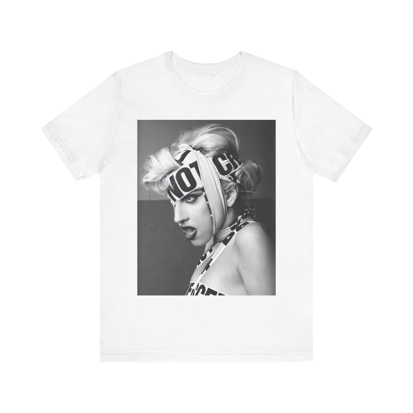 A black graphic t-shirt featuring a glam graphic related to Lady Gaga's 'Born This Way' album era.