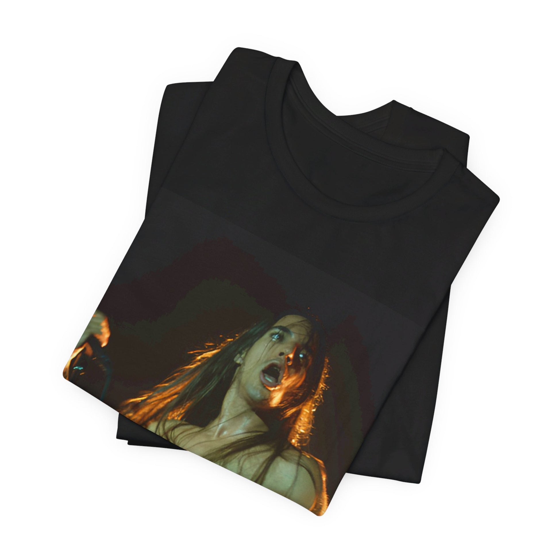 A black graphic t-shirt featuring a graphic or photo of Red Hot Chili Peppers performing live on stage.