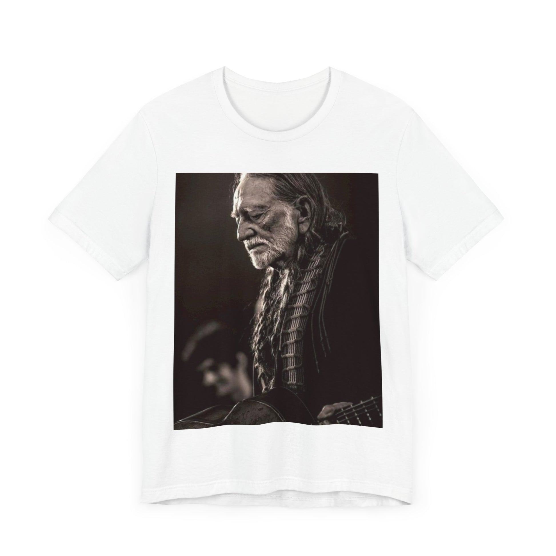 A black graphic t-shirt featuring a vintage country legend graphic of Willie Nelson.