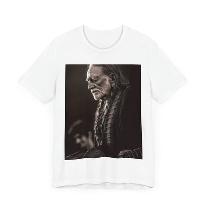A black graphic t-shirt featuring a vintage country legend graphic of Willie Nelson.