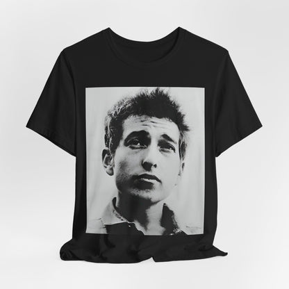 A black graphic t-shirt featuring a retro black and white folk iconic graphic of Bob Dylan.