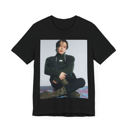 A black graphic t-shirt featuring a modern K-Pop essential graphic of Jimin.