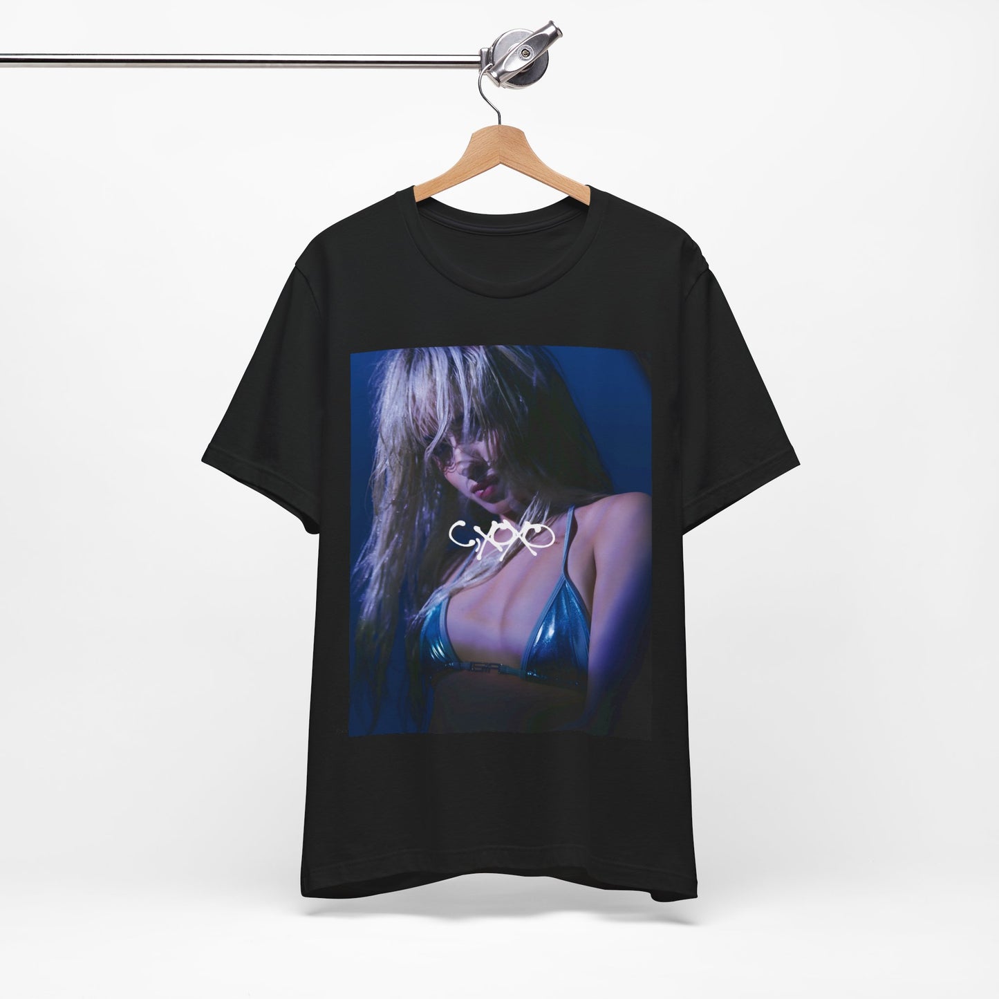 A black graphic t-shirt featuring a bold aesthetic graphic related to Camila Cabello's C,XOXO' album.