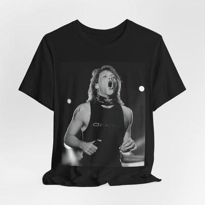 A black graphic t-shirt featuring a black and white iconic graphic or photo of Bon Jovi as superstars.