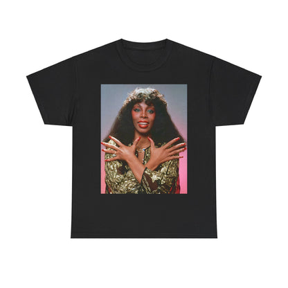 A black graphic t-shirt featuring a retro graphic of Donna Summer as the Queen of Disco.