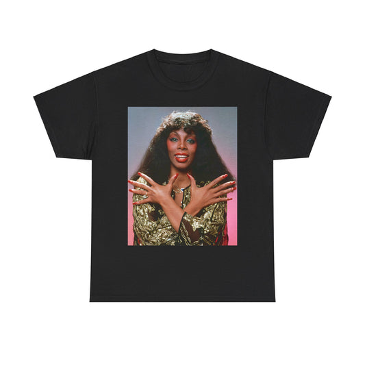 A black graphic t-shirt featuring a retro graphic of Donna Summer as the Queen of Disco.