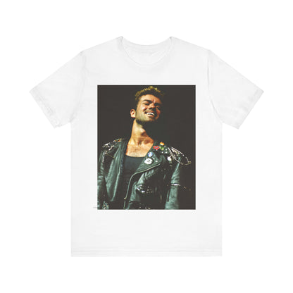 A black graphic t-shirt featuring a graphic related to George Michael's 'Careless Whisper' song or era.