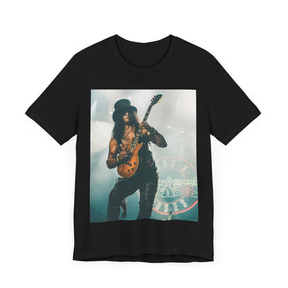 A black graphic t-shirt featuring a graphic of Slash from Guns N' Roses with his iconic top hat and guitar.