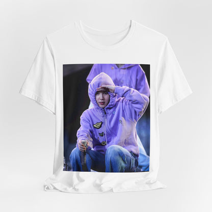 A black graphic t-shirt featuring an authentic live performance graphic of Jimin.