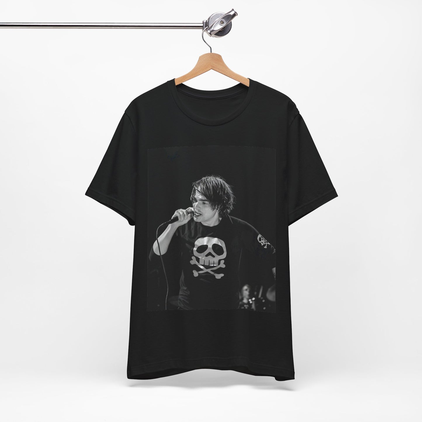 A black graphic t-shirt featuring a black and white portrait photo of Gerard Way from My Chemical Romance.