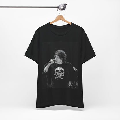 A black graphic t-shirt featuring a black and white portrait photo of Gerard Way from My Chemical Romance.