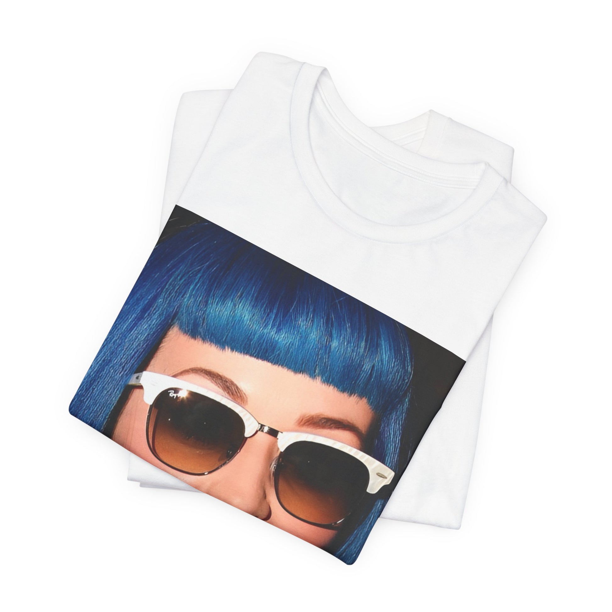 A black graphic t-shirt featuring a retro graphic of Katy Perry with blue hair.